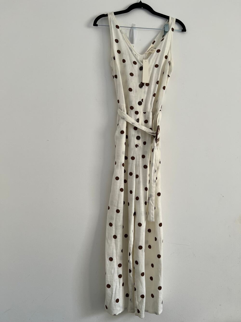 Monteau Los Angeles NWT Polka Dot Blend Jumpsuit S Cream Brown Wide Leg Belted